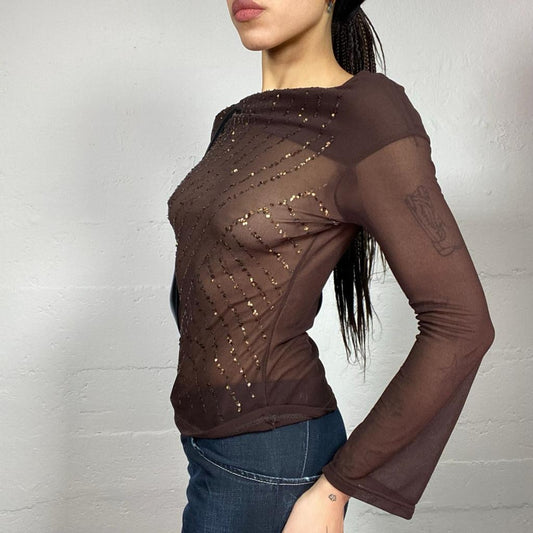 Vintage 90's English It Girl Brown Mesh Longsleeve Top with Decorative Sequins Trims (S/M)