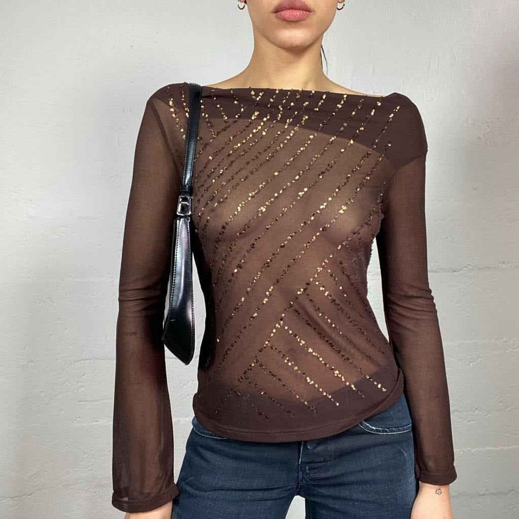 Vintage 90's English It Girl Brown Mesh Longsleeve Top with Decorative Sequins Trims (S/M)