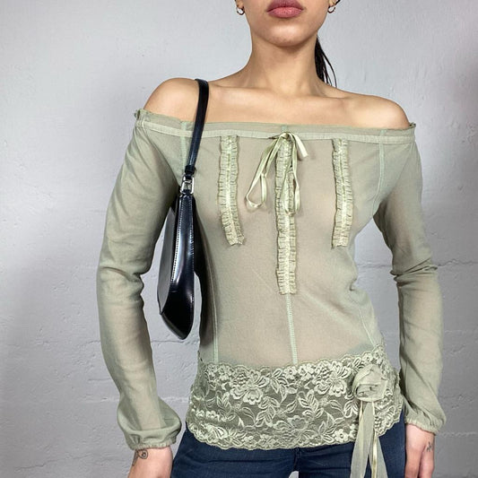 Vintage 90's Downtown Girl Khaki Mesh Off Shoulder Longsleeve Top with Lace Trim & Rosette Detail (S/M)