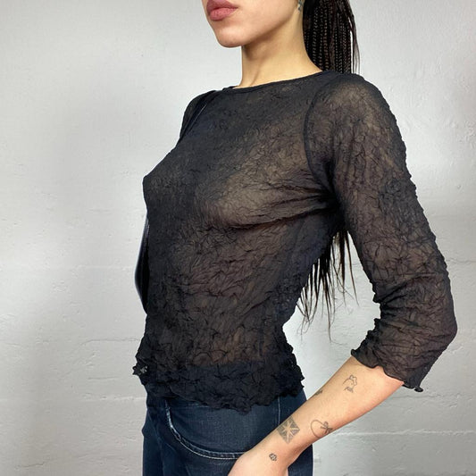 Vintage 90's English It Girl Black Mesh Textured Longsleeve Top (M)