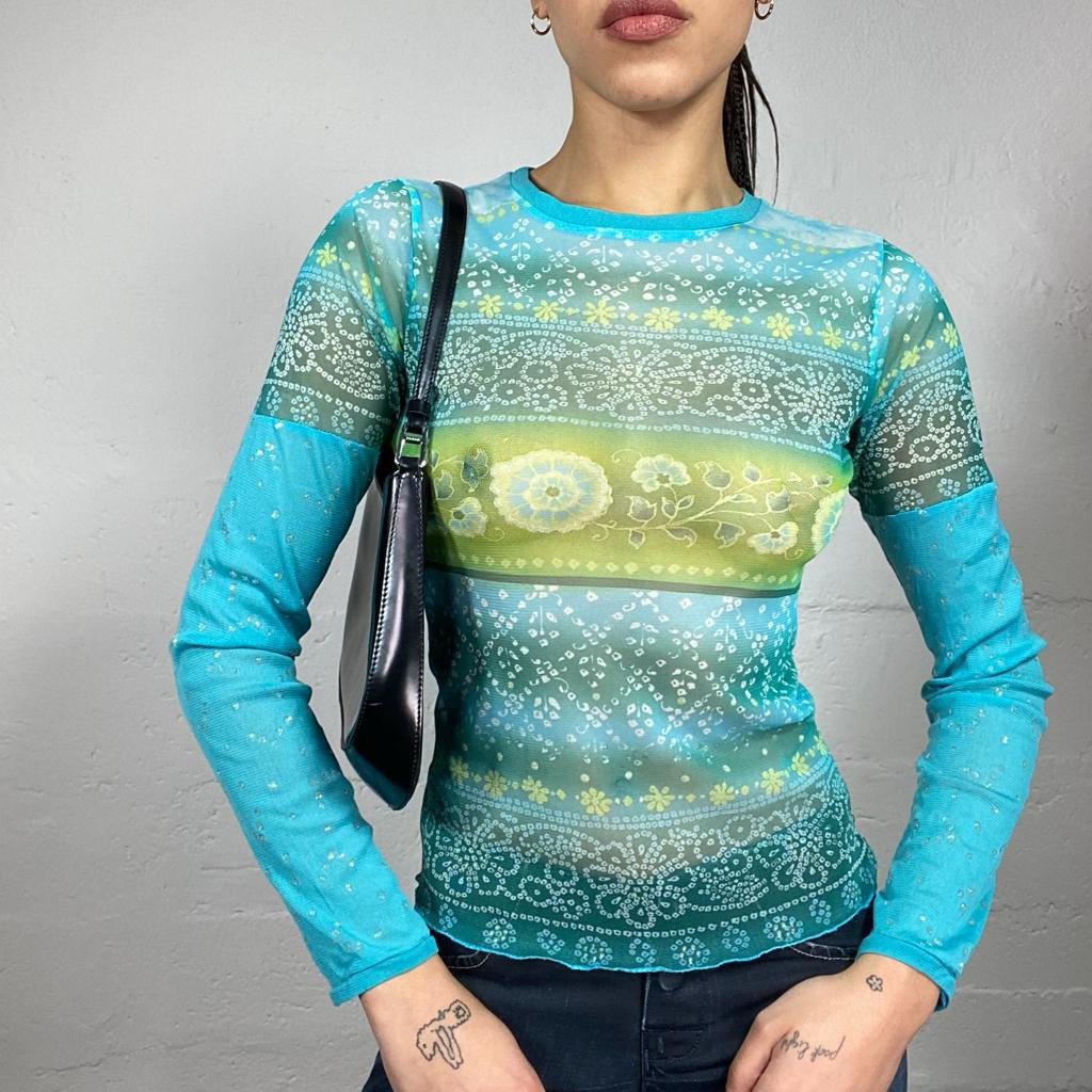 Vintage 90's Downtown Girl Aqua Blue Mesh Longsleeve Top with Ethnic Floral Print (S/M)