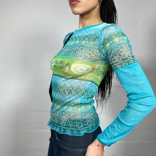 Vintage 90's Downtown Girl Aqua Blue Mesh Longsleeve Top with Ethnic Floral Print (S/M)