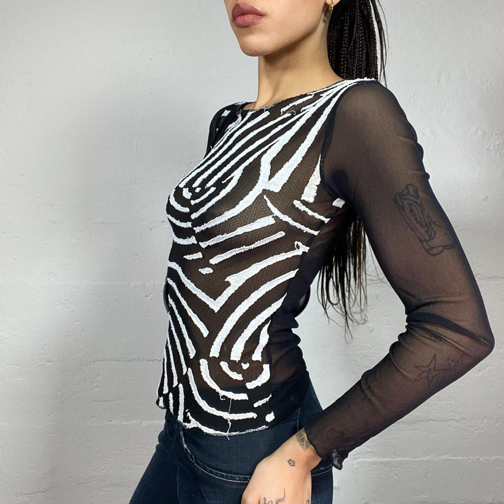 Vintage 90's Funky Black Mesh Longsleeve Top White Wavy Print (S/M)