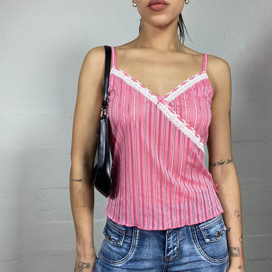 Vintage 90's Soft Girl Pink See Through Top with White Lace Trim & Stripes Print Detail (M)