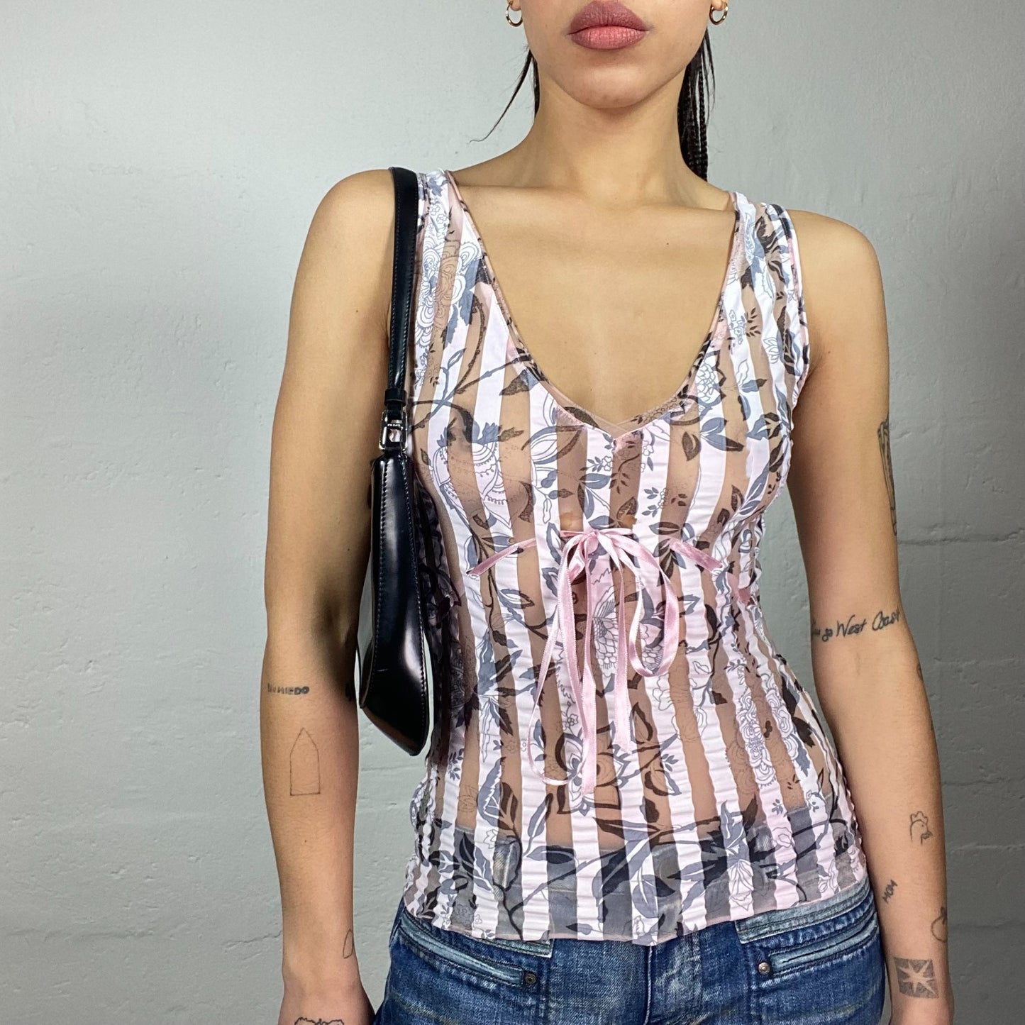 Vintage 2000's Romantic Pink Mesh Top with Floral and Stripes Print (S)