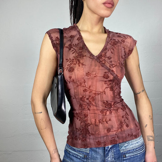 Vintage 2000's Fairy Brown Mesh Top with Floral Print (S)