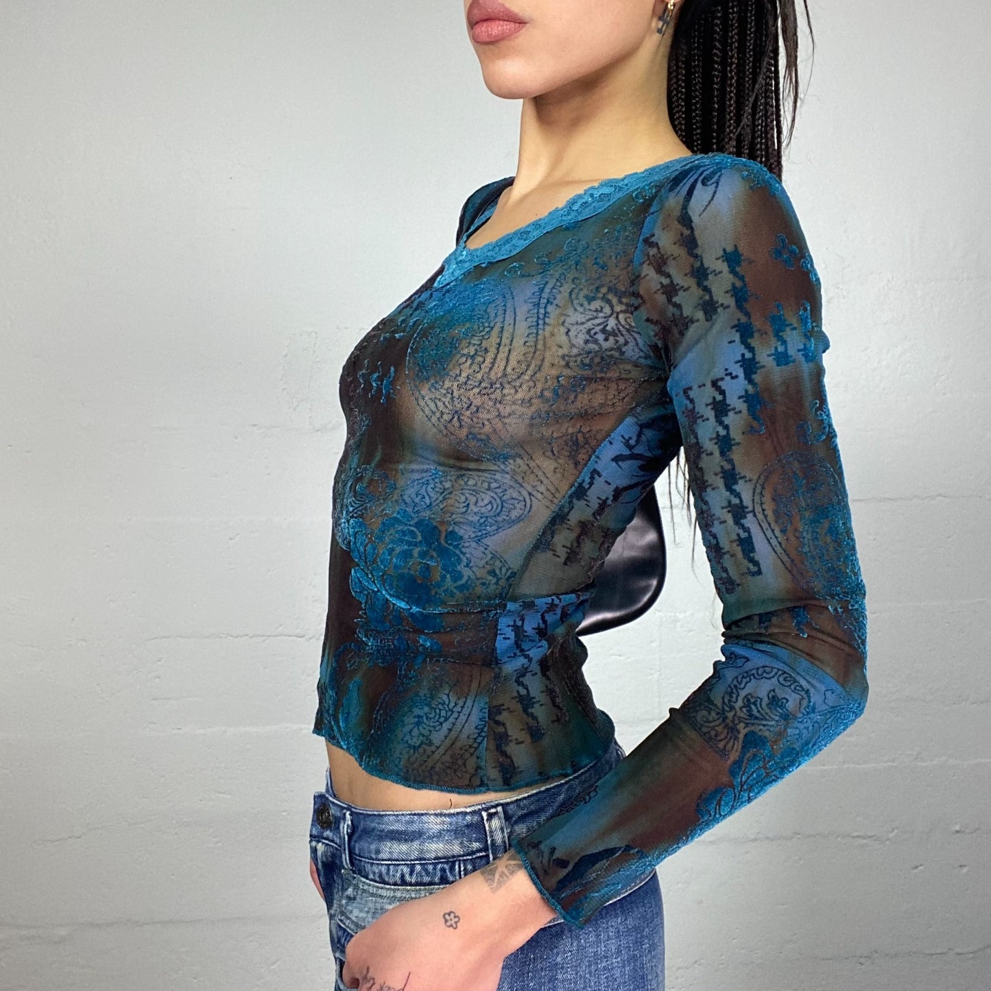 Vintage 2000's Downtown Girl Blue Mesh Tie Dye Longsleeve Top with Typography Print (S)