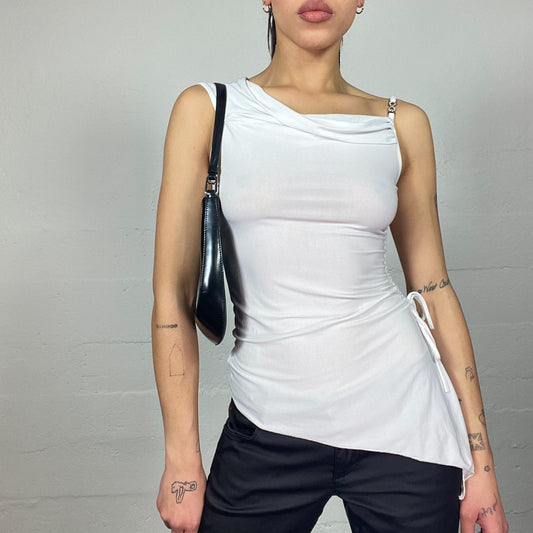 Vintage 2000's Clubwear White Asymmetric Cut Top with Drapped Neckline (S)