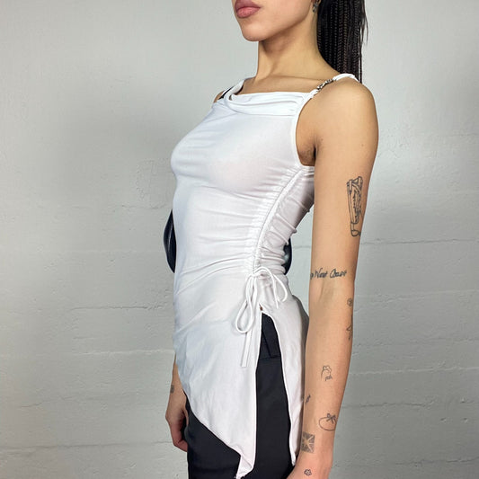 Vintage 2000's Clubwear White Asymmetric Cut Top with Drapped Neckline (S)