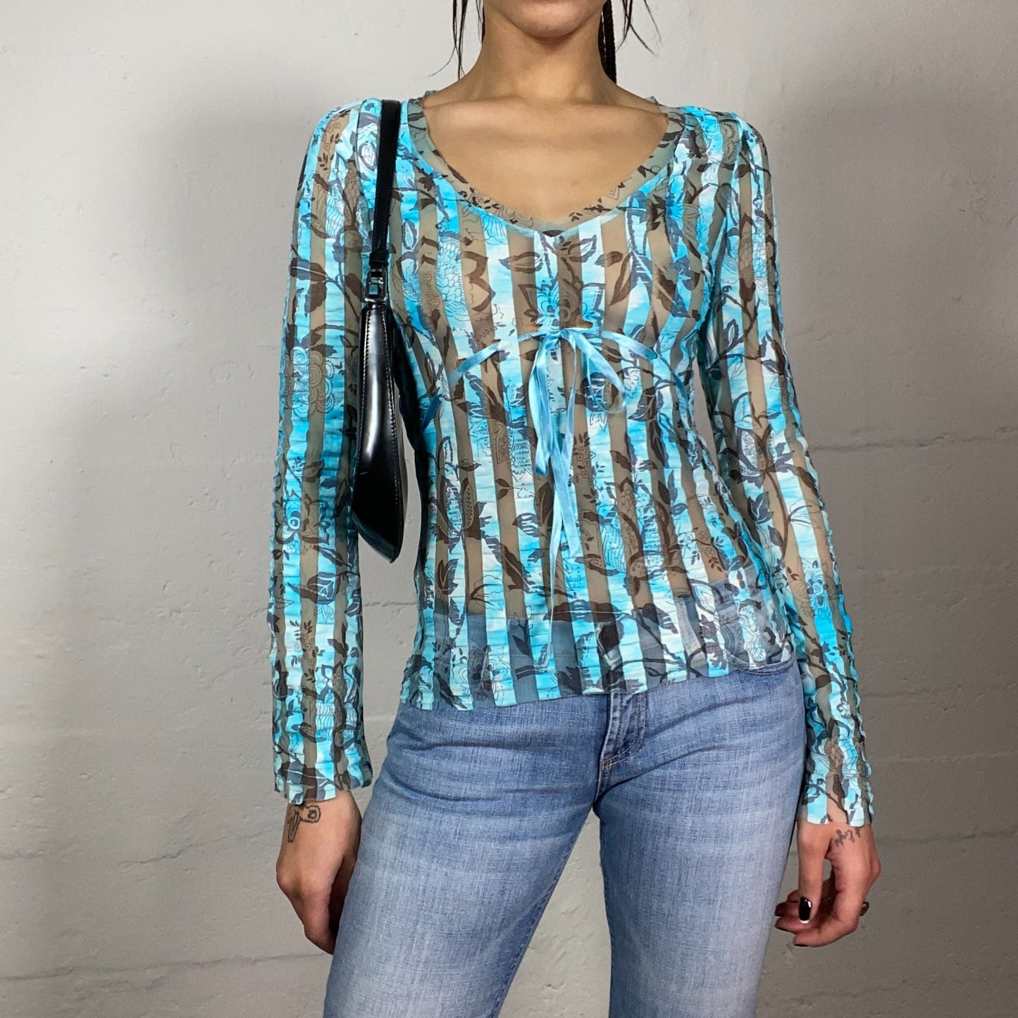 Vintage 2000's Hippie Blue Mesh Longsleeve Top with Floral and Stripes Print (S)