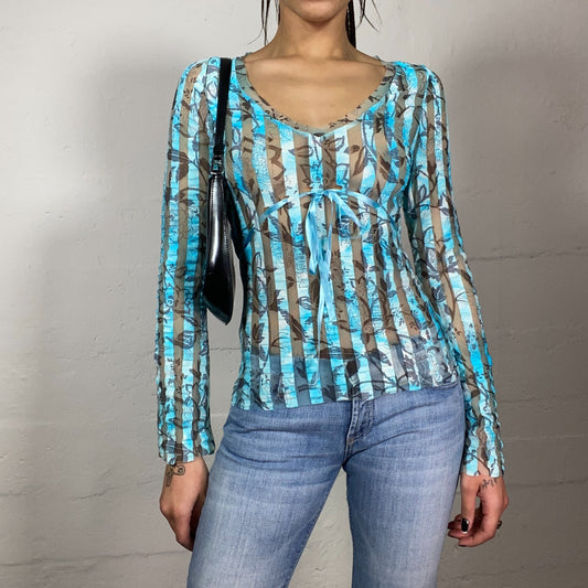 Vintage 2000's Hippie Blue Mesh Longsleeve Top with Floral and Stripes Print (S)