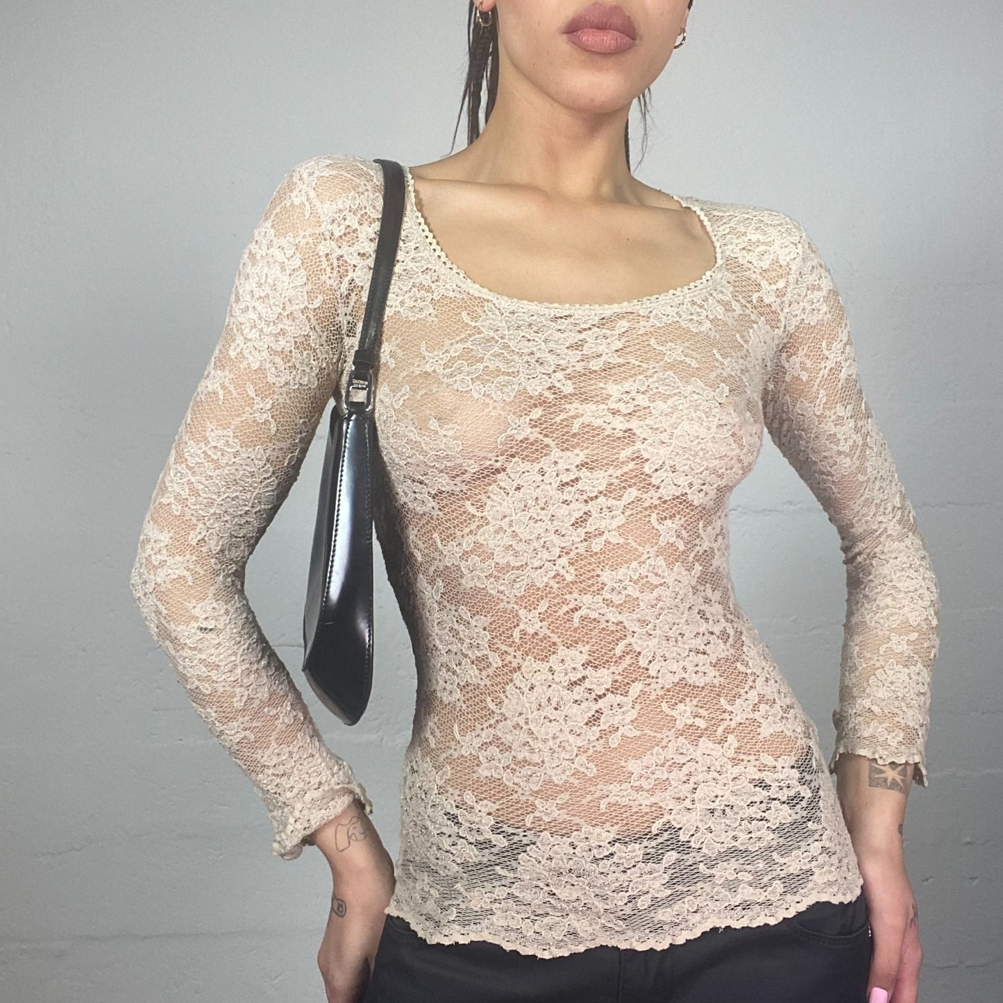 Vintage 2000's Coquette White Mesh Lace Longsleeve Top (S)