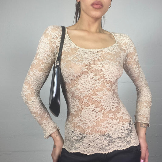 Vintage 2000's Coquette White Mesh Lace Longsleeve Top (S)
