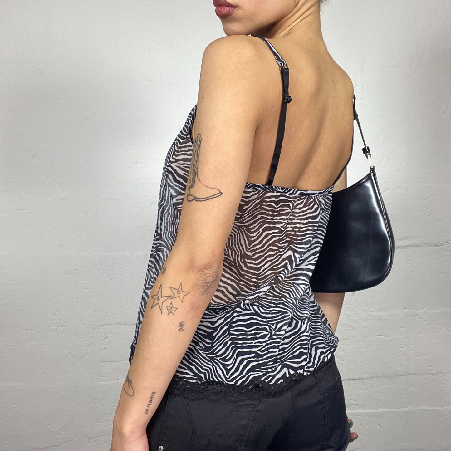 Vintage 2000's Clubwear Black Mesh Zebra Print Top with Lace Trim Detail (M)