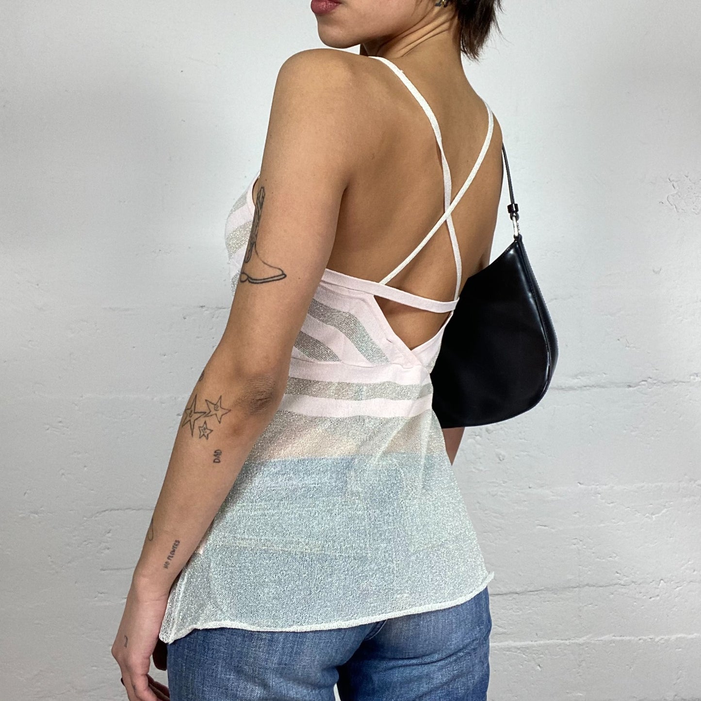 Vintage 2000's Ballet White Crossed Back Top with Mesh See Through Material (S)
