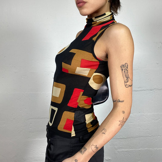 Vintage 2000's Funky Black Mesh Highneck Top with Geometric Red and Beige Print (S)