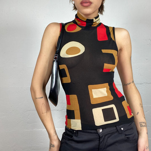 Vintage 2000's Funky Black Mesh Highneck Top with Geometric Red and Beige Print (S)