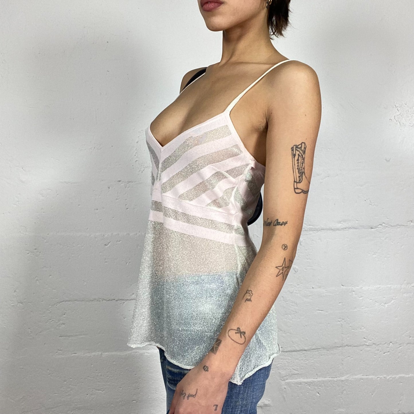 Vintage 2000's Ballet White Crossed Back Top with Mesh See Through Material (S)
