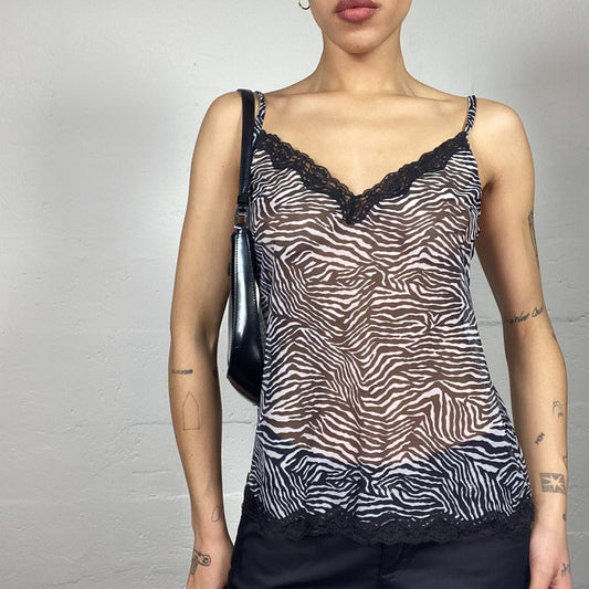 Vintage 2000's Clubwear Black Mesh Zebra Print Top with Lace Trim Detail (M)