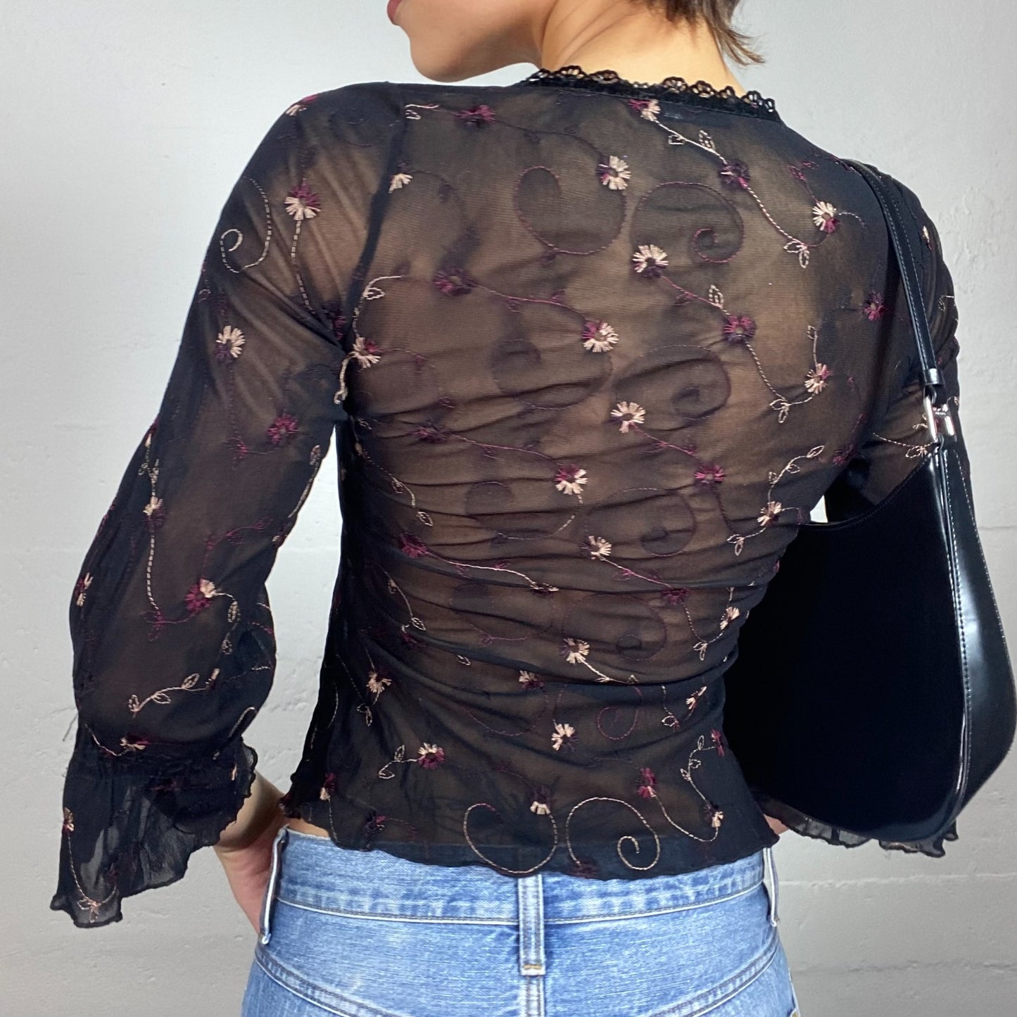 Vintage 2000's Romantic Black Mesh Longsleeve Blouse with Floral Print Embroidery and Trim Detail (S/M)