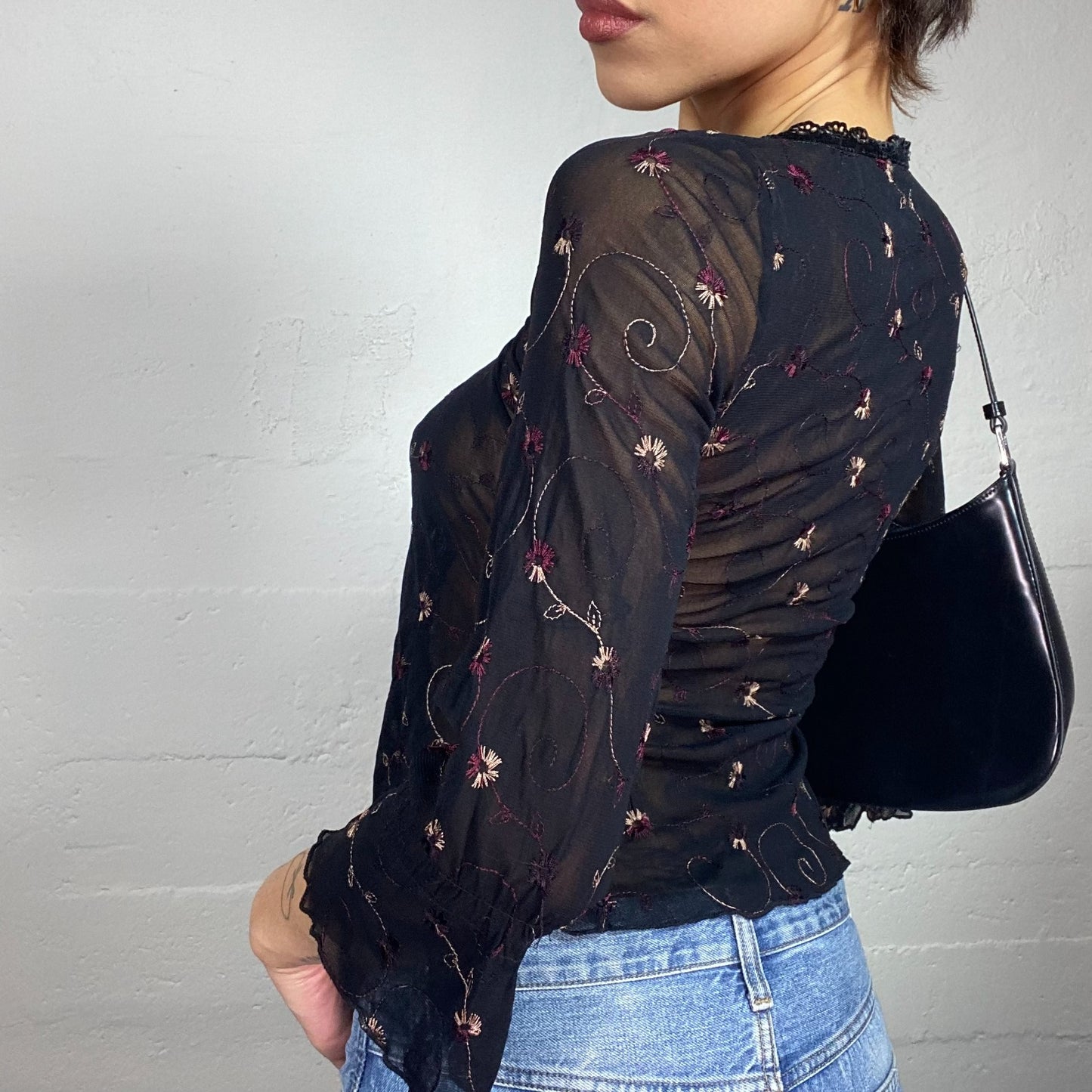 Vintage 2000's Romantic Black Mesh Longsleeve Blouse with Floral Print Embroidery and Trim Detail (S/M)