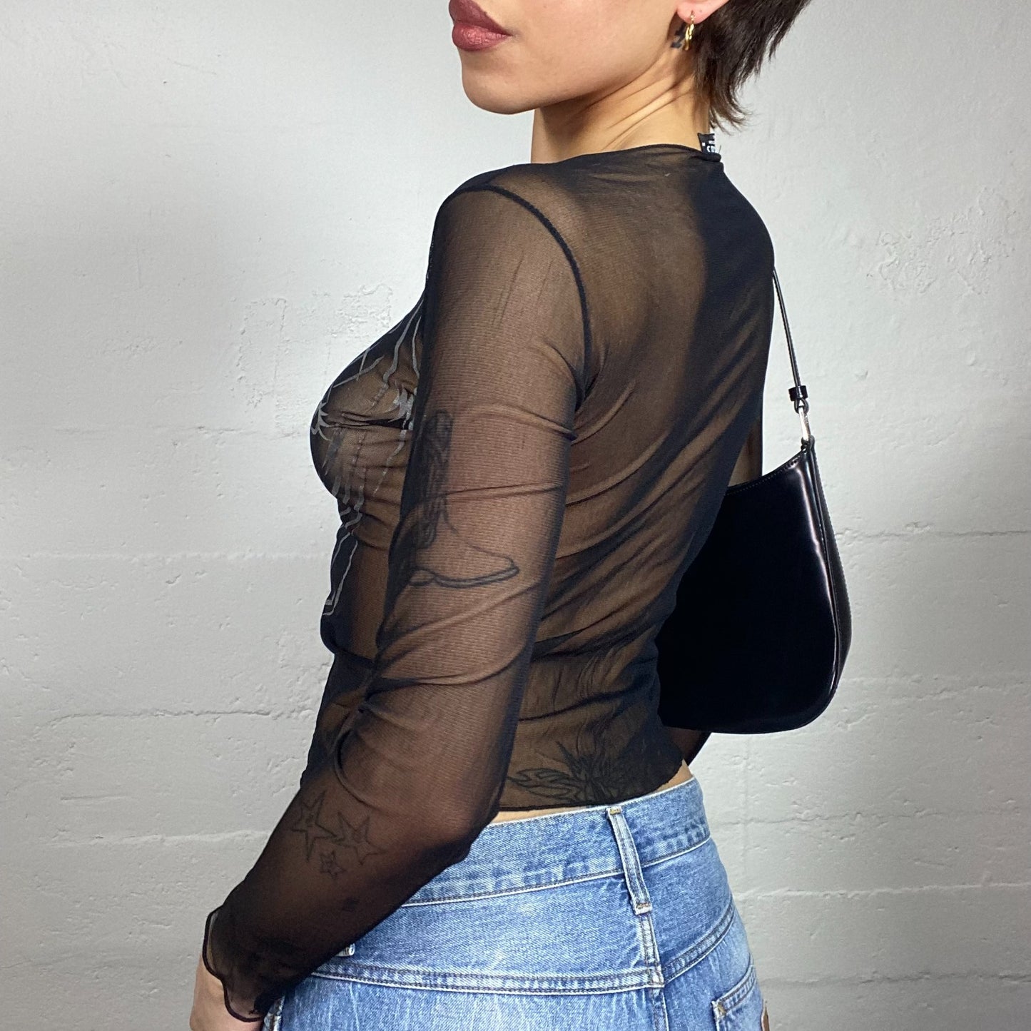 Vintage 2000's Clubwear Black Mesh Longsleeve Top with Portrait Print (S/M)