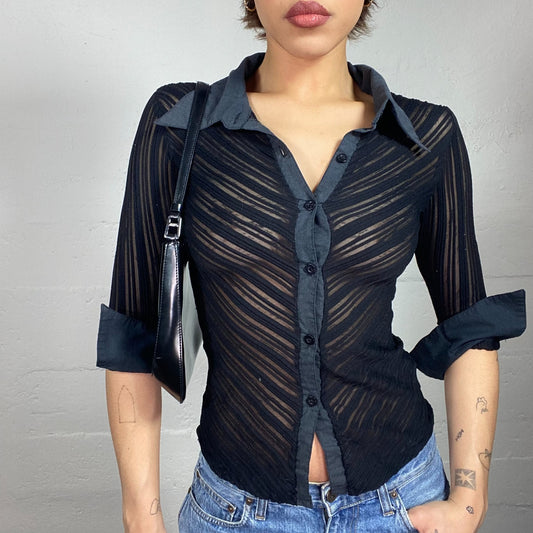 Vintage 2000's Corpcore Black Mesh Longsleeve Button Up Shirt with Stripes Detail (S)