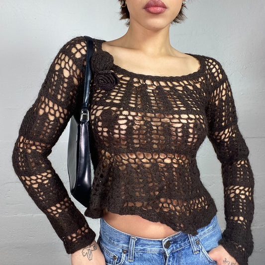 Vintage 2000's Fairy Girl Khaki Crochet See Through Pullover with Rosette Detail (S/M)