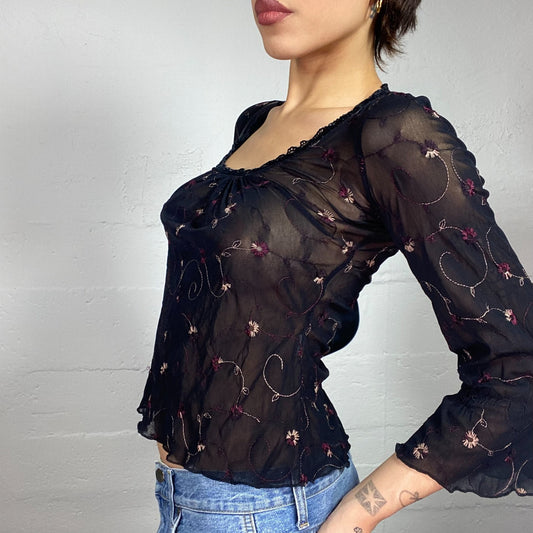 Vintage 2000's Romantic Black Mesh Longsleeve Blouse with Floral Print Embroidery and Trim Detail (S/M)
