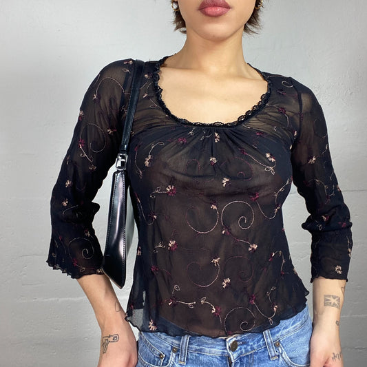 Vintage 2000's Romantic Black Mesh Longsleeve Blouse with Floral Print Embroidery and Trim Detail (S/M)