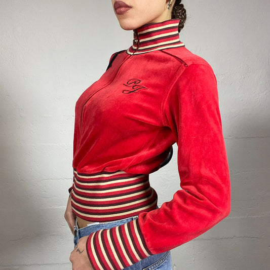 Vintage 2000's Pepe Jeans Downtown Girl Red Zip Up Velvet Jacket with Stripes Print Detail (XS)