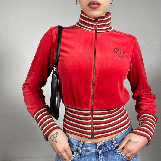 Vintage 2000's Pepe Jeans Downtown Girl Red Zip Up Velvet Jacket with Stripes Print Detail (XS)