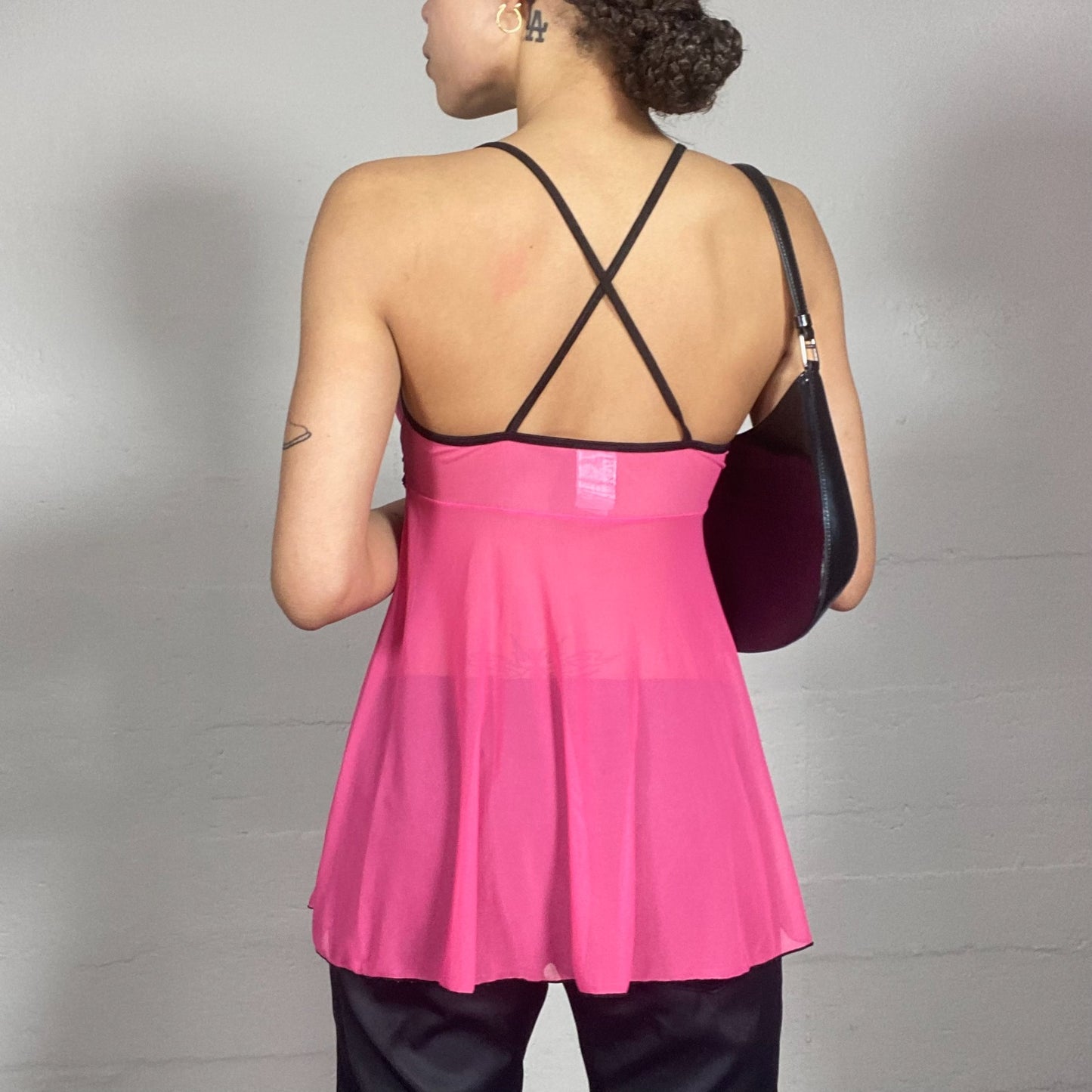 Vintage 2000's Lingerie Fuchsia See Through Top with Open Back and Ribbon Detail (S)