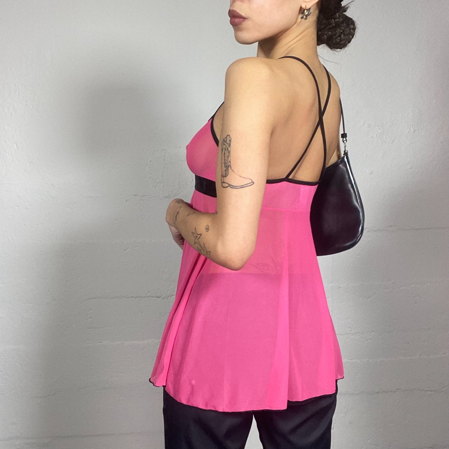 Vintage 2000's Lingerie Fuchsia See Through Top with Open Back and Ribbon Detail (S)
