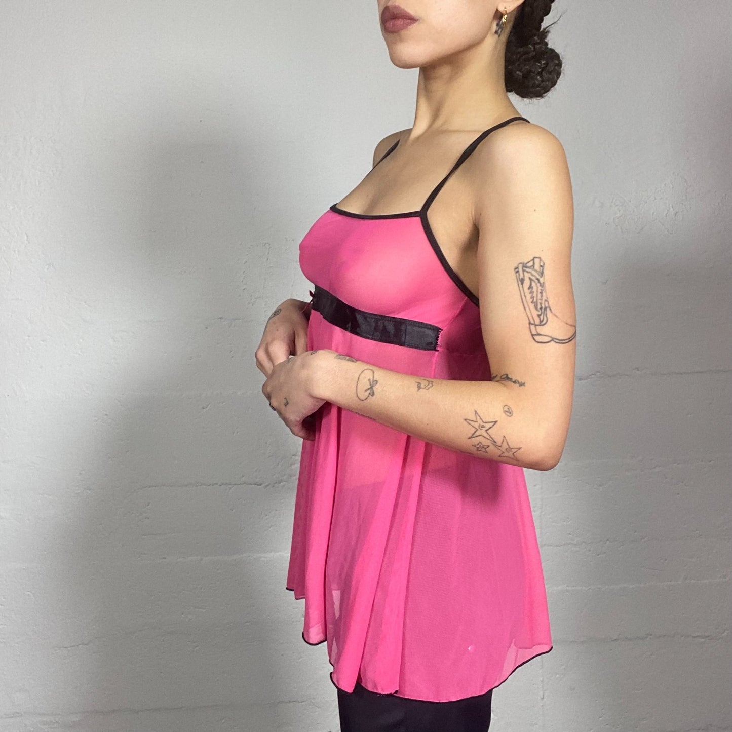Vintage 2000's Lingerie Fuchsia See Through Top with Open Back and Ribbon Detail (S)