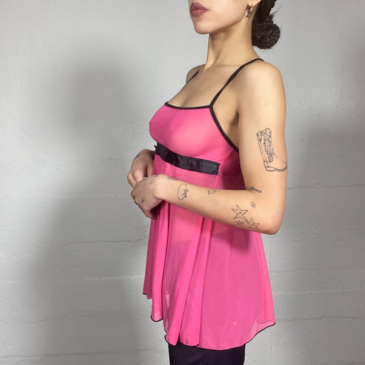 Vintage 2000's Lingerie Fuchsia See Through Top with Open Back and Ribbon Detail (S)