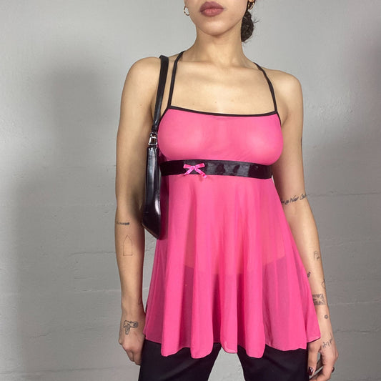 Vintage 2000's Lingerie Fuchsia See Through Top with Open Back and Ribbon Detail (S)