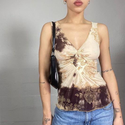 Vintage 2000's Downtown Girl Brown See Through Top with Floral and Tie Dye Print (S)