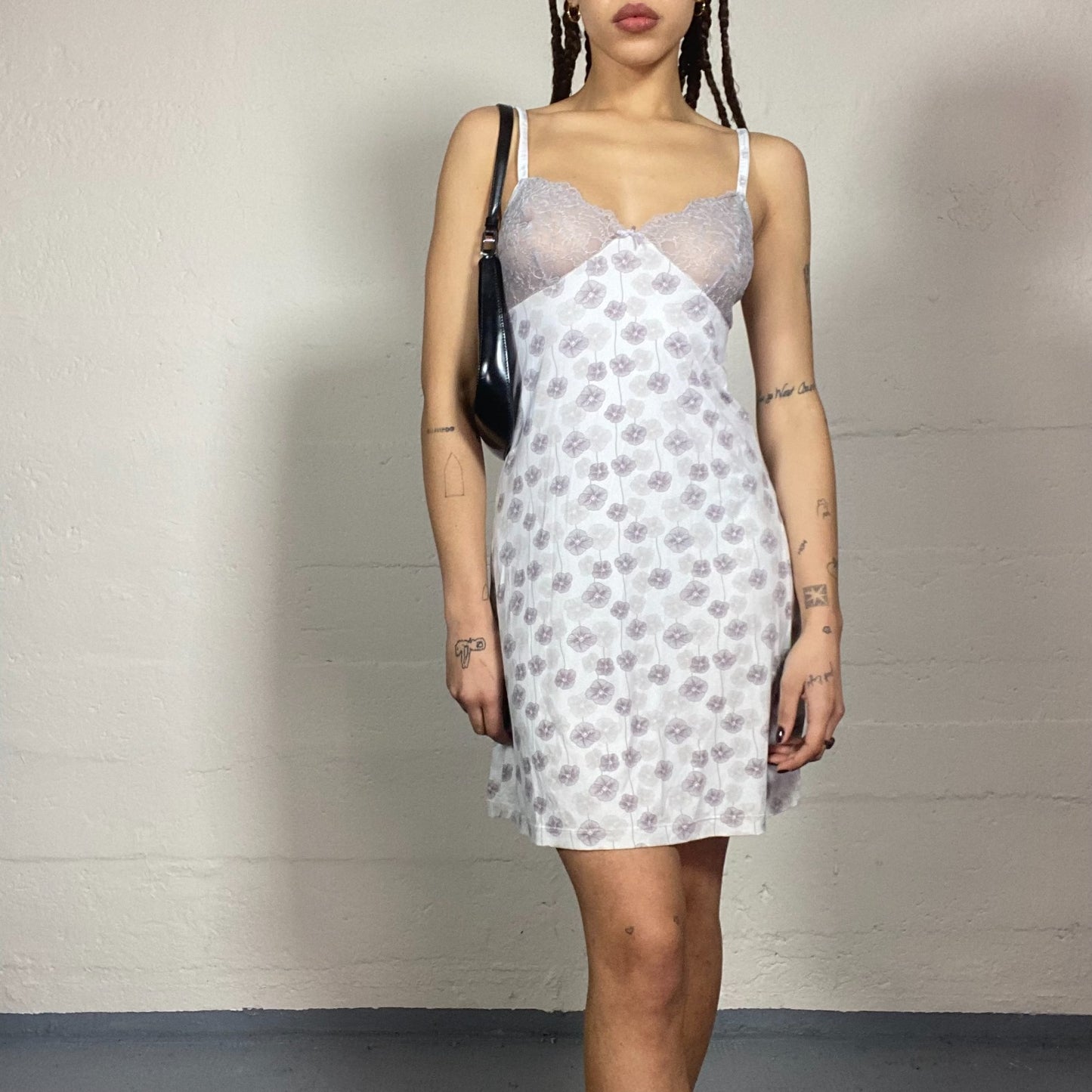 Vintage 90's Lingerie White Mesh Mini Dress with Floral Print Detail (S)