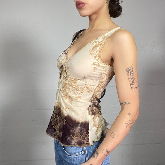 Vintage 2000's Downtown Girl Brown See Through Top with Floral and Tie Dye Print (S)