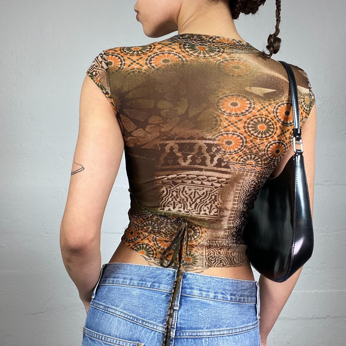 Vintage 2000's Batik Brown Mesh Top with Ethnic & Tie Dye Print (S)