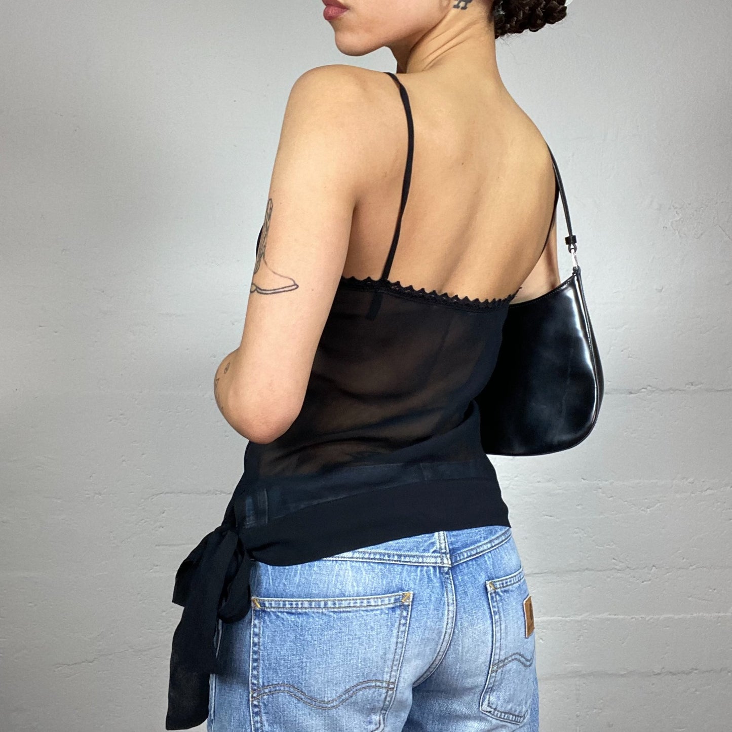 Vintage 2000's Clubwear Black Mesh Top with Seam Lines Detail (S)