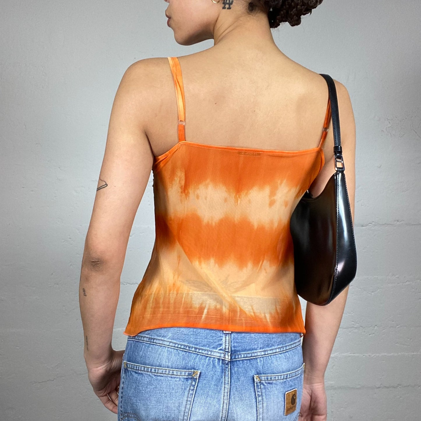 Vintage 2000's Festive Orange Tie Dye Mesh Top with Floral Embroidery Trim Detail (S/M)
