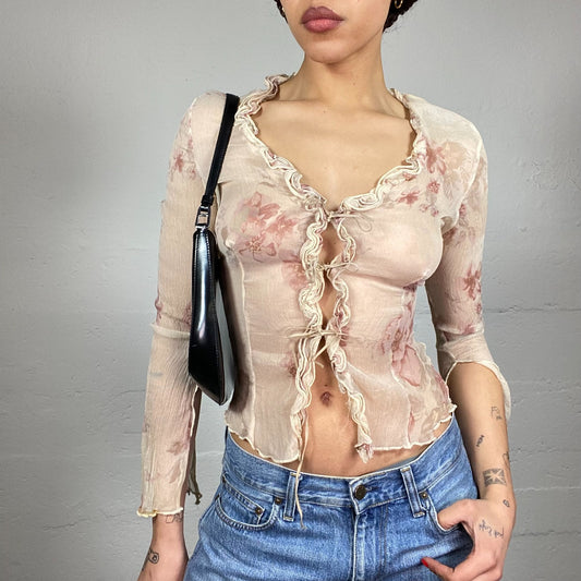 Vintage 2000's Lily Rose Depp Beige Button Up Shirt Top with Floral Print (S)