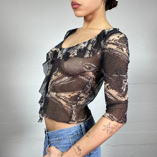 Vintage 90's Festive Black Mesh Longsleeve Top with White Puntillism Print and Frills Detail (S)