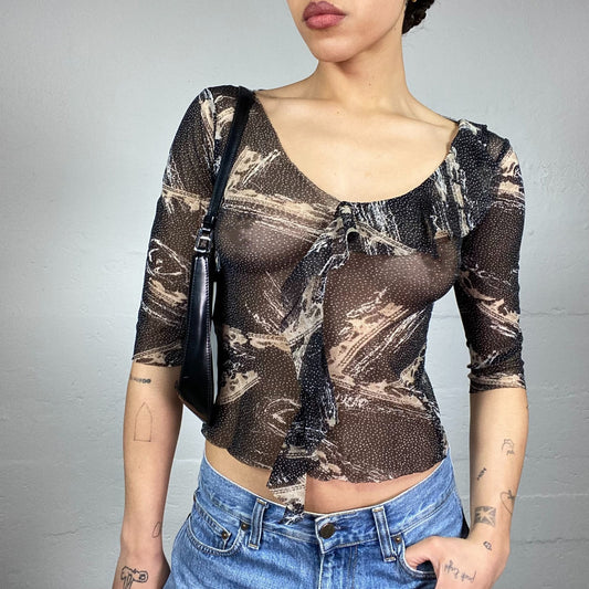 Vintage 90's Festive Black Mesh Longsleeve Top with White Puntillism Print and Frills Detail (S)