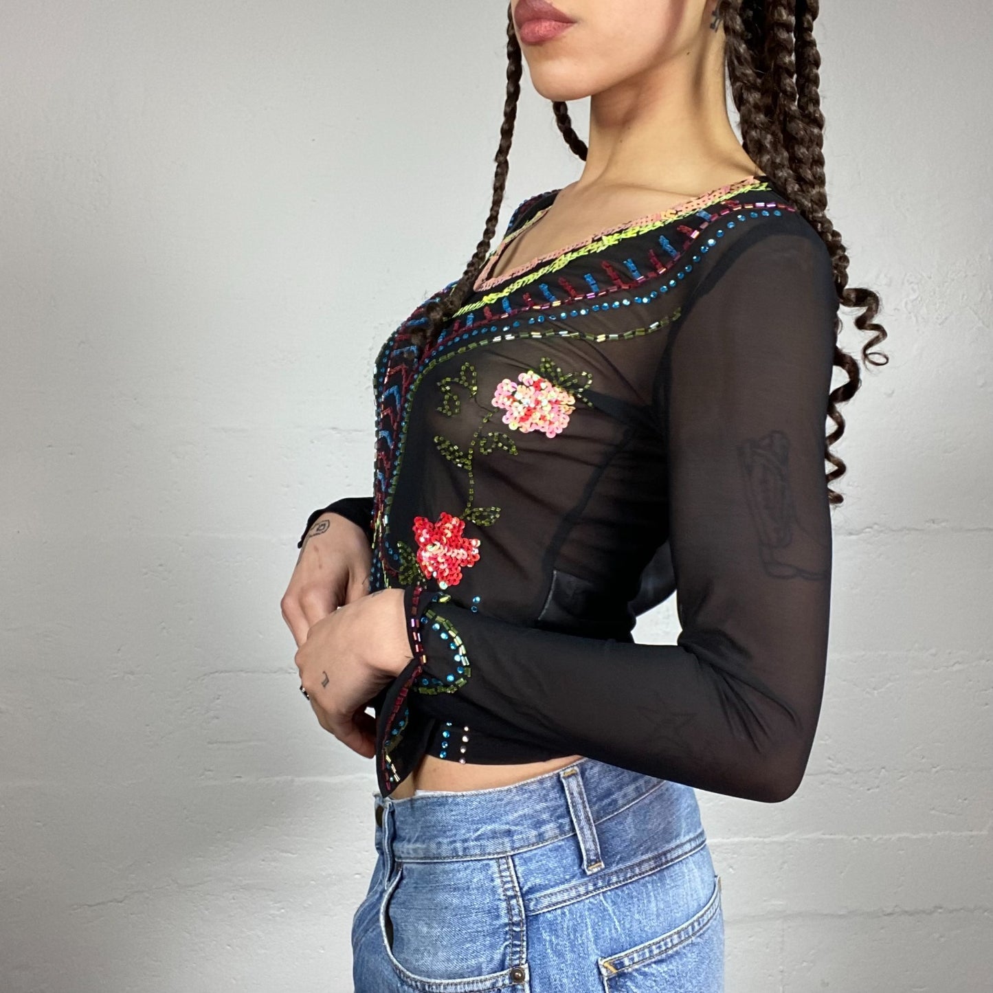 Vintage 90's Festive Black Mesh Longsleeve Top with Colourful Sequins Trim Detail (S)