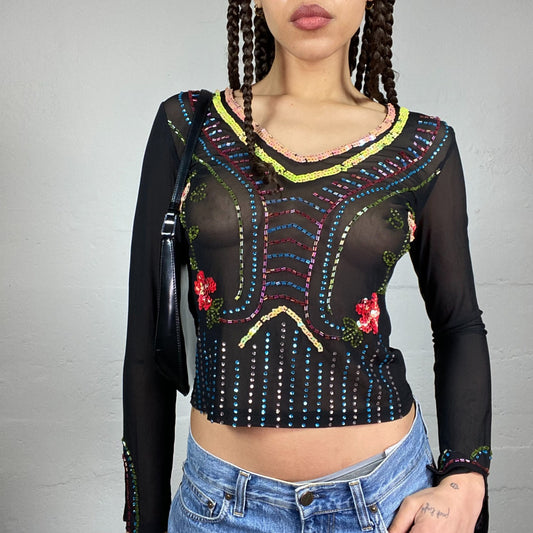 Vintage 90's Festive Black Mesh Longsleeve Top with Colourful Sequins Trim Detail (S)