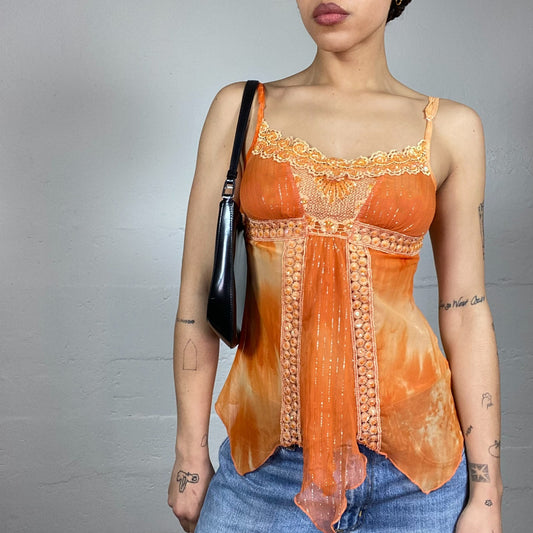 Vintage 2000's Festive Orange Tie Dye Mesh Top with Floral Embroidery Trim Detail (S/M)