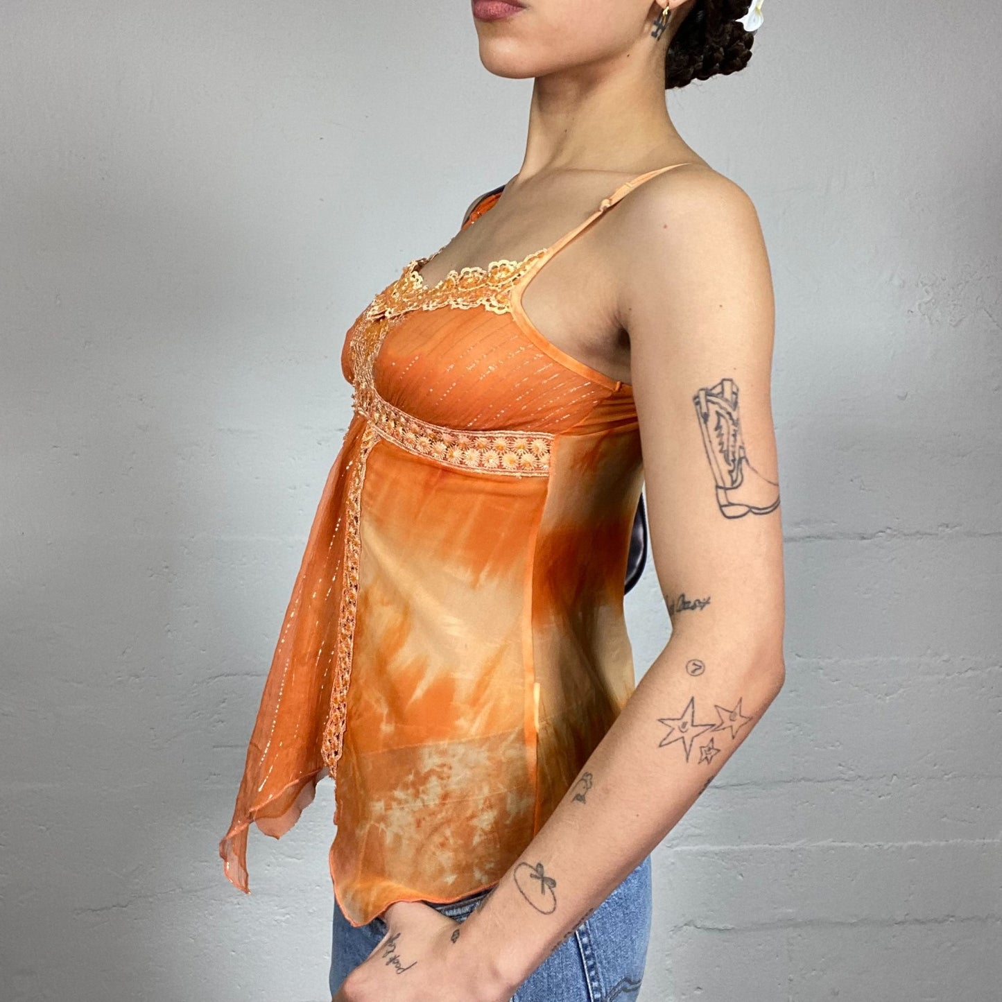 Vintage 2000's Festive Orange Tie Dye Mesh Top with Floral Embroidery Trim Detail (S/M)